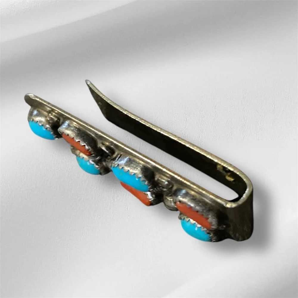 Silver Money Clip with Turquoise and Coral Accents